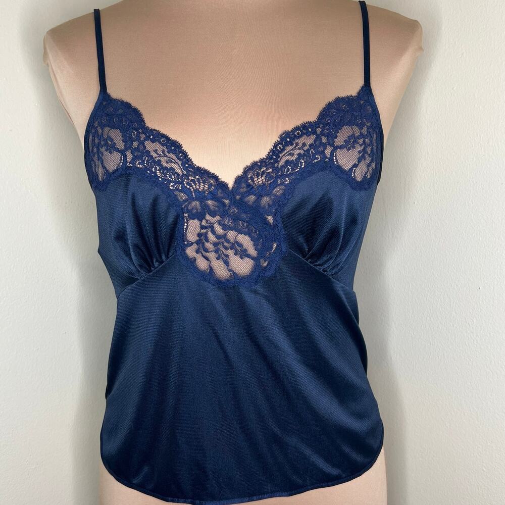 Vtg St Michael Camisole 12 Womens Navy Blue Nylon Lace Lingerie V-Neck 90s Sexy